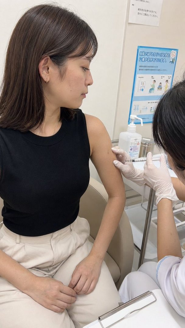 A woman receives a vaccine injection in her arm while sitting in a chair, with a medical professional administering the shot.