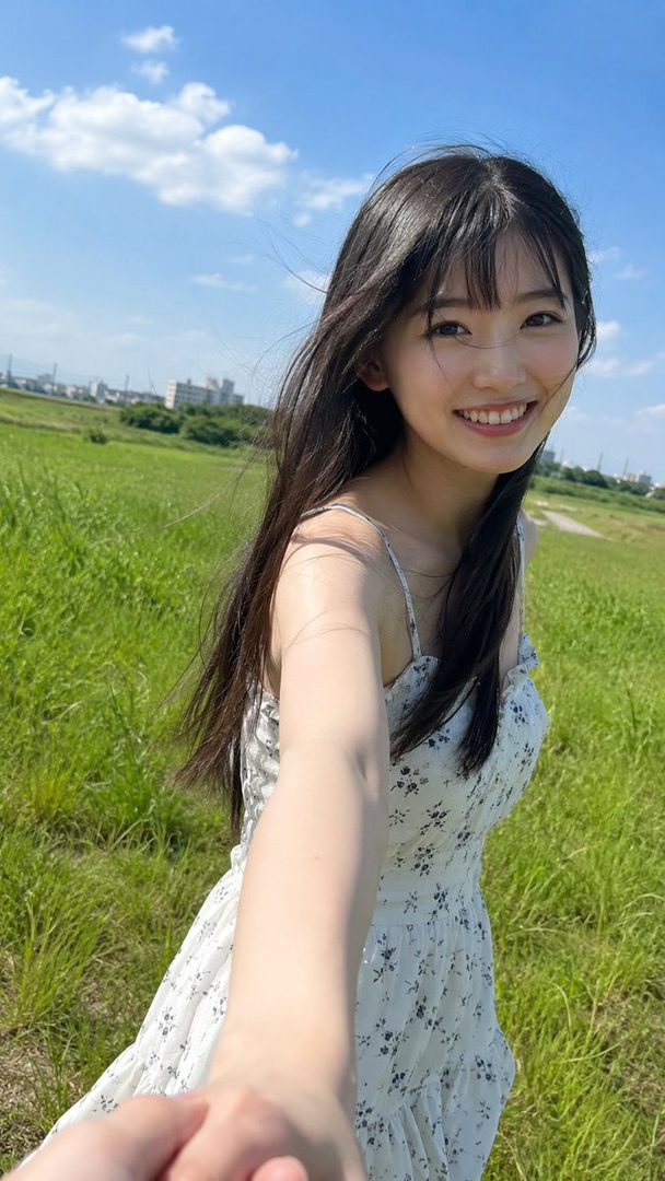 A young woman with long black hair smiles at the camera while holding someone's hand in a grassy field under a blue sky.