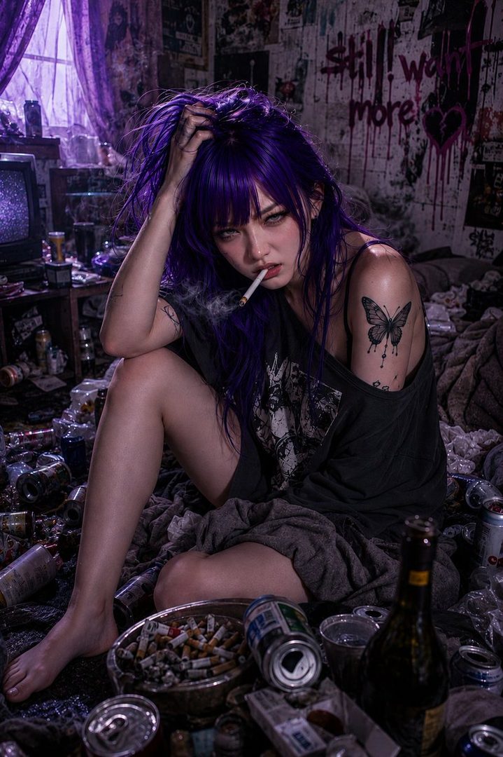 A young woman with vibrant purple hair sits in a messy, cluttered room, smoking a cigarette and looking directly at the camera with a seductive expression. She wears a dark, off-the-shoulder top and has a butterfly tattoo on her arm.