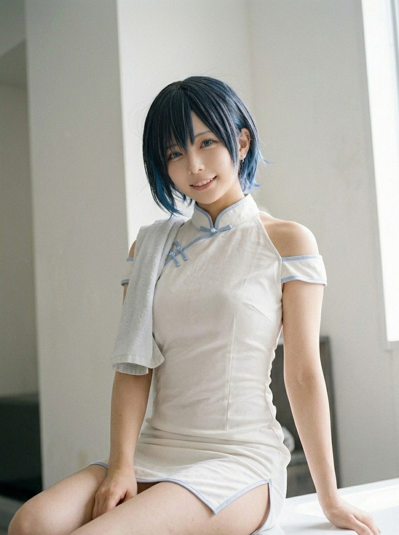 A young woman with short, dark hair with blue highlights, wearing a white dress with blue trim, poses indoors.