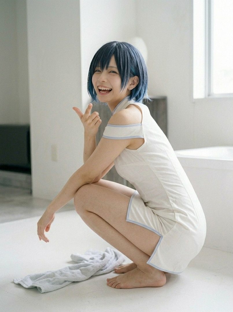 A young Japanese woman with short blue hair smiles and crouches indoors, wearing a white dress.