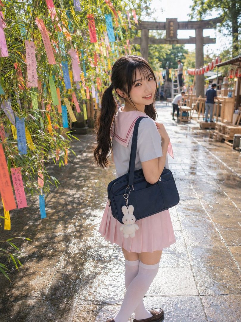 A young woman in a school uniform with pigtails smiles at the camera, standing outdoors near a shrine decorated with colorful Tanabata wishes.