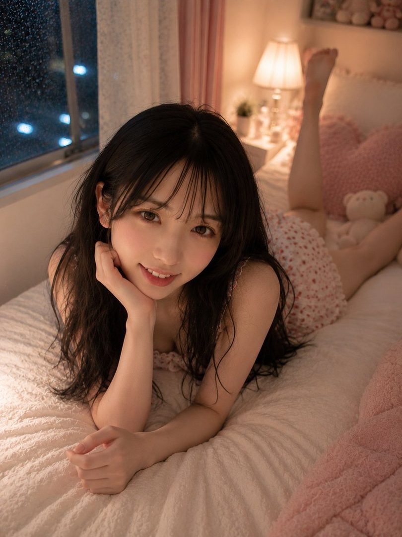 A young Japanese woman with long black hair lies on a bed, looking at the camera with a gentle smile. She is wearing a floral print nightgown, and the room is dimly lit with a lamp and city lights visible through the window.