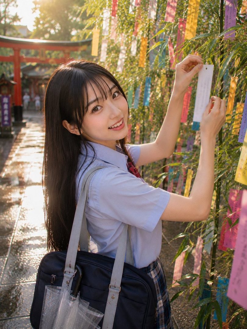 A young woman in a school uniform smiles while hanging a wish on a bamboo tree at a shrine after school.