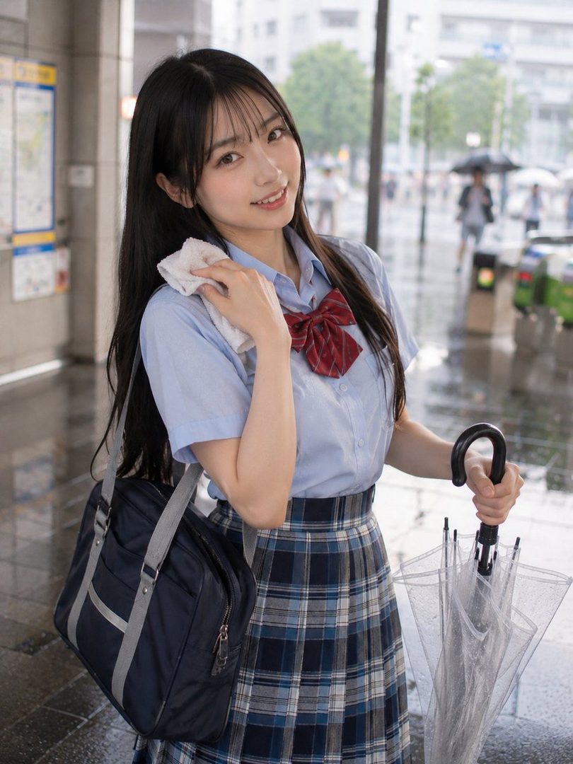 A young Japanese woman in a school uniform, holding a towel and an umbrella, smiles gently on a rainy day.