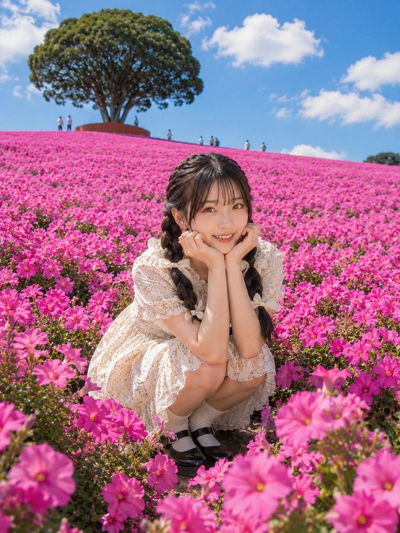 A young woman with braided black hair, wearing a light-colored dress, crouches in a field of vibrant pink flowers under a blue sky with a large tree in the background.