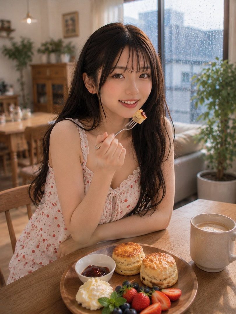 A young East Asian woman with long dark hair smiles while eating a scone with jam and cream at a table with a cup of coffee.