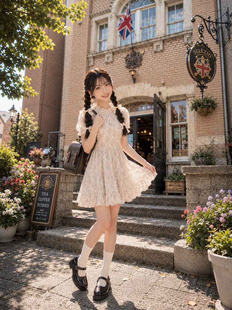 A young East Asian woman with braided hair, wearing a floral print dress and Mary Jane shoes, stands on steps outside a brick building with a Union Jack flag.