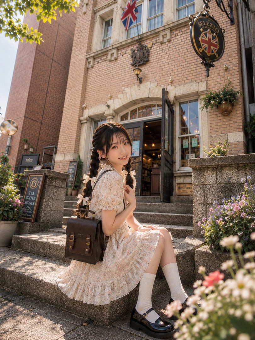 A cute AI girl with braided hair and a floral dress sits on steps outside a brick building, holding a brown satchel.
