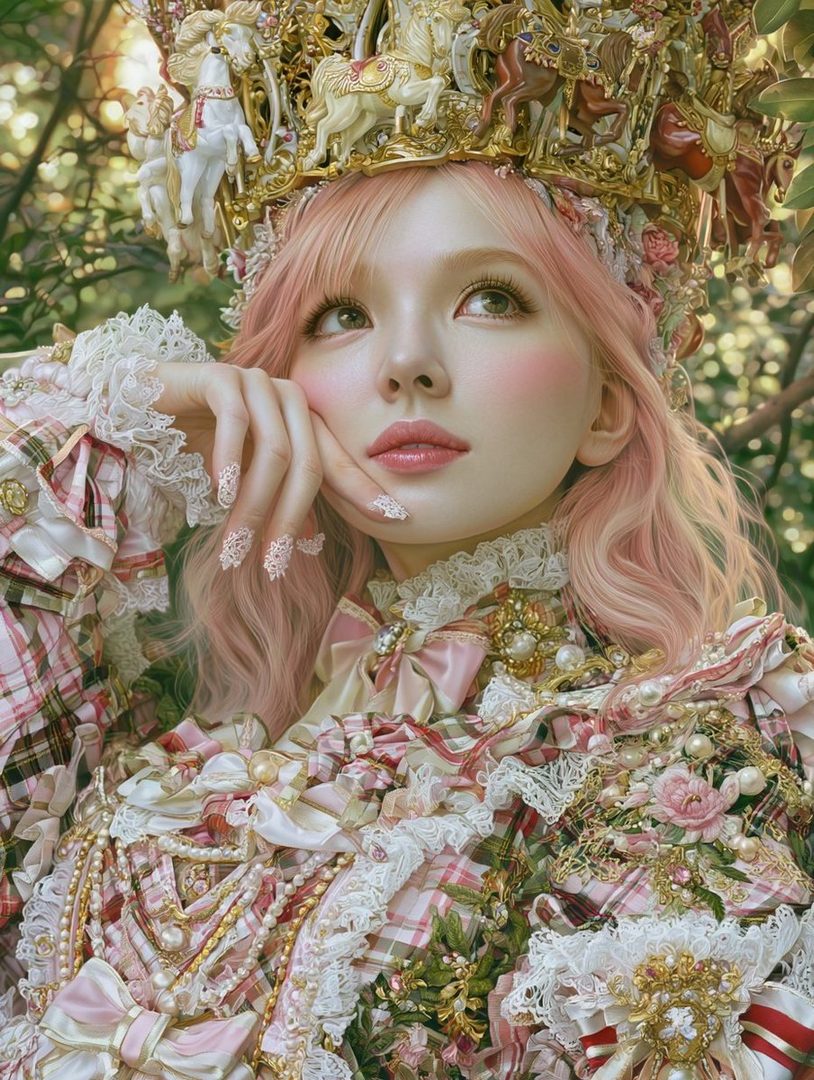 A young woman with pink hair and a detailed carousel-themed crown poses elegantly in a frilly pink and white dress, with a soft, natural background.