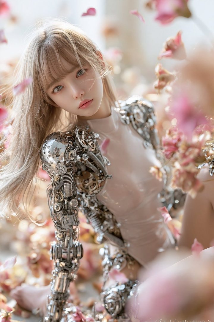 A photorealistic portrait of a young woman with blonde hair and a robotic arm, surrounded by pink flowers.