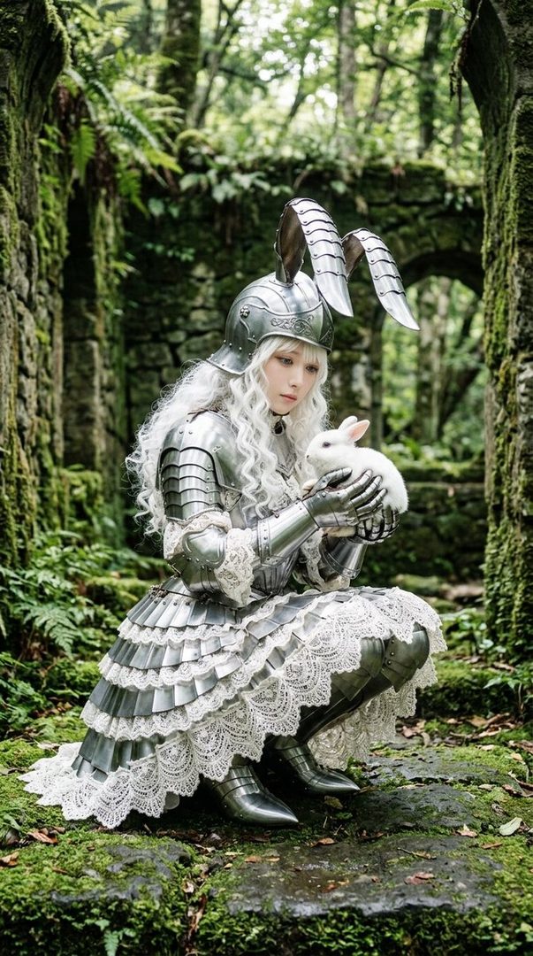 A person in elaborate silver armor with white lace trim and a helmet with rabbit ears holds a white rabbit in a mossy, overgrown forest ruin.