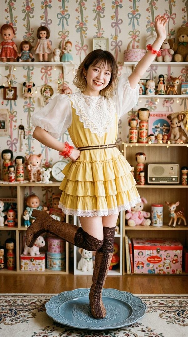 A young woman with short brown hair, wearing a yellow ruffled dress and tall brown boots, poses playfully in a room filled with vintage dolls and toys.