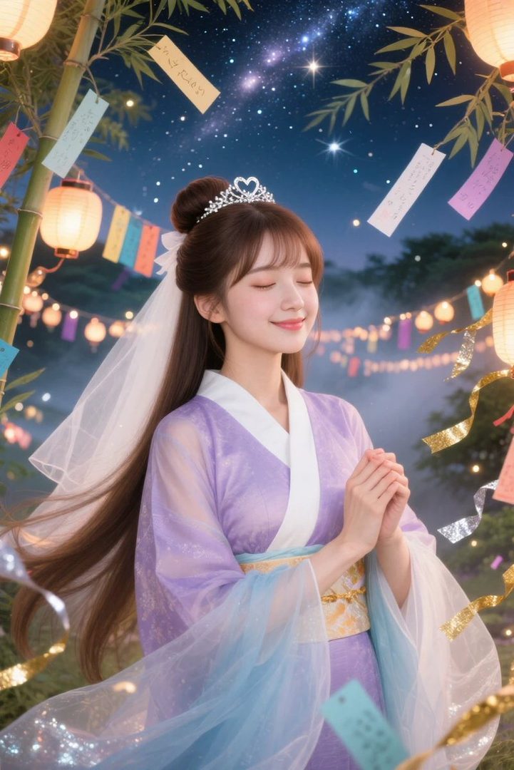 A young woman with long brown hair and a tiara, wearing a purple and white traditional outfit, with her eyes closed and hands clasped in prayer under a starry night sky with lanterns and bamboo.