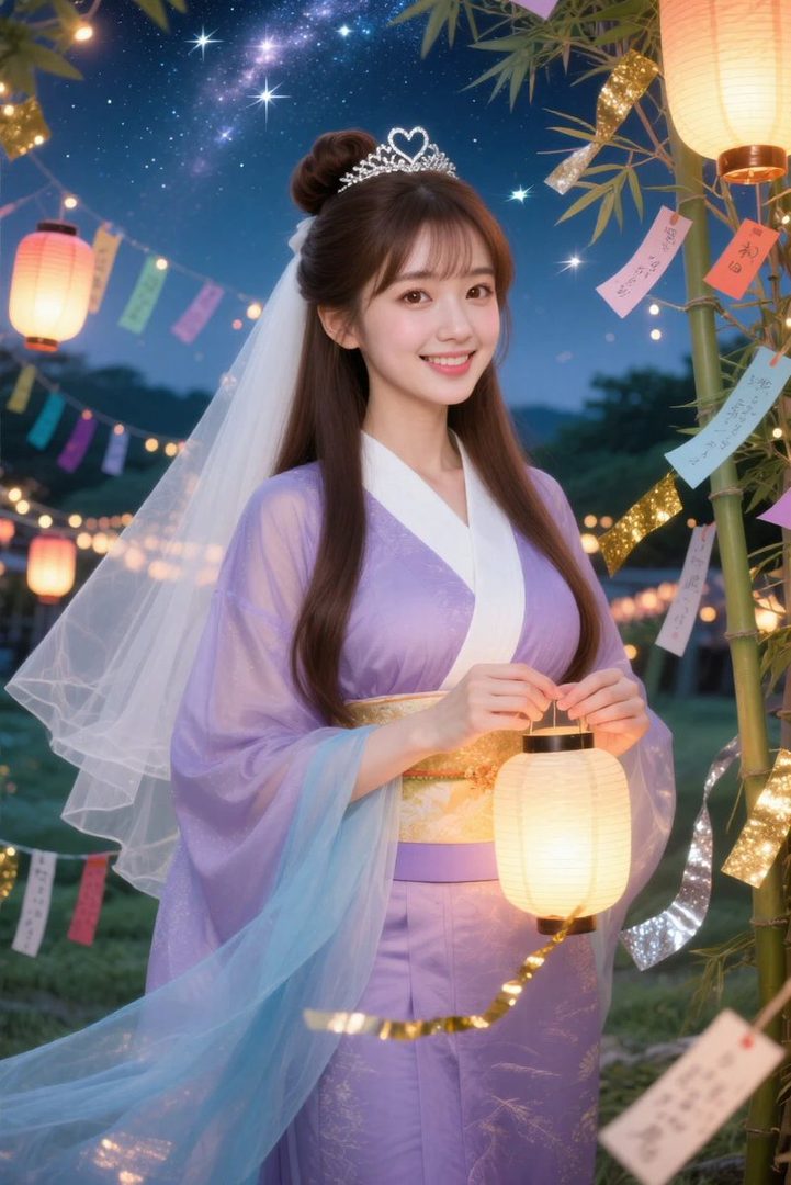 A beautiful AI-generated woman in a purple kimono and a tiara, holding a lantern, with a starry night sky and festive decorations in the background.