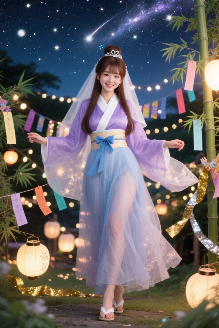 A young woman in a purple and blue traditional Japanese outfit stands outdoors at night under a starry sky with a shooting star, surrounded by bamboo and lanterns.