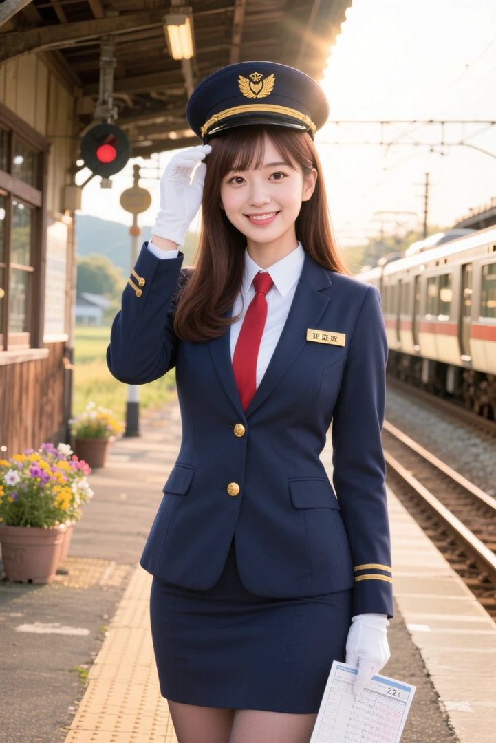 A young woman in a train conductor's uniform smiles and salutes on a train platform.