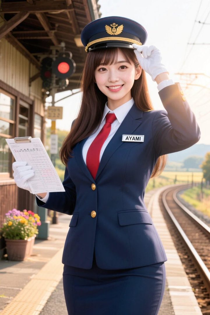 A young woman in a train conductor's uniform, complete with a hat and red tie, stands on a train platform holding a clipboard.