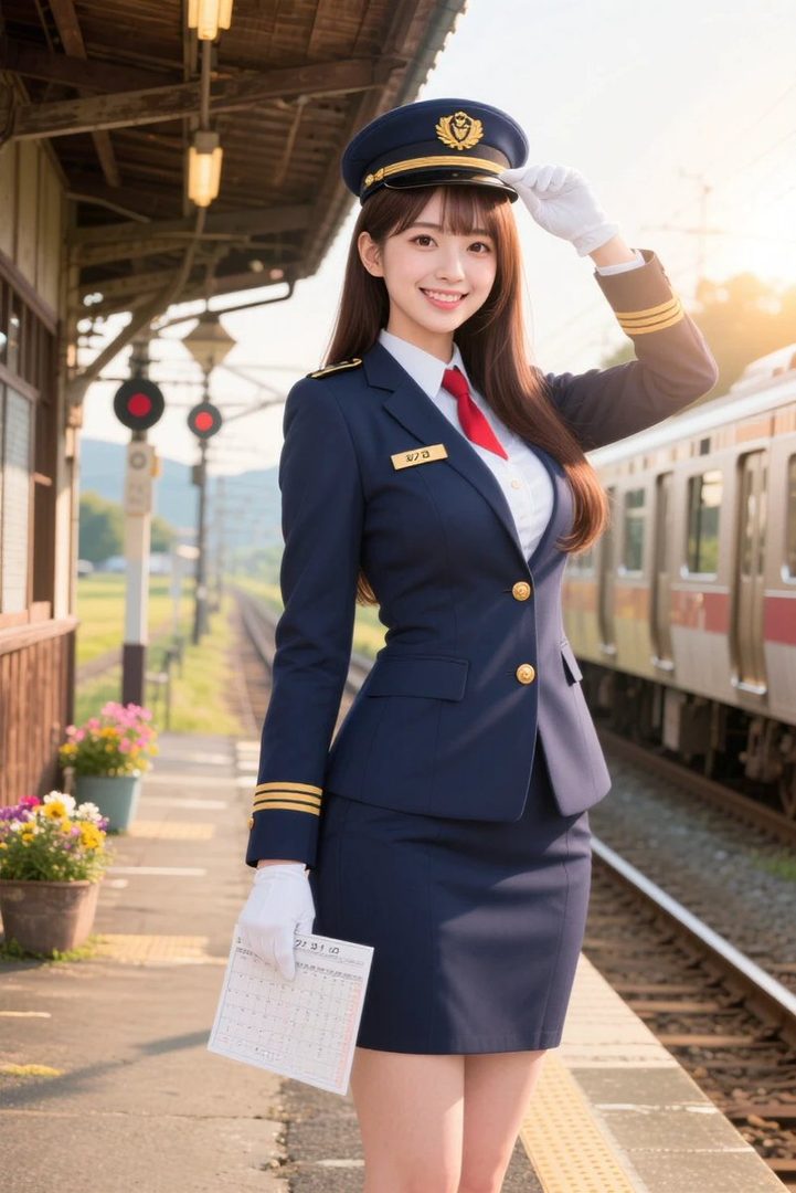A smiling AI train idol in a navy blue uniform with a red tie and white gloves, standing on a train platform.