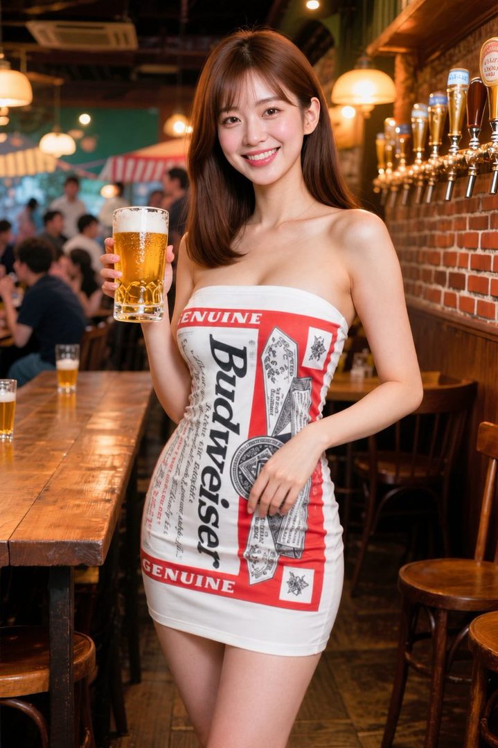 A smiling young woman in a Budweiser-themed strapless dress holds a glass of beer in a bar setting.