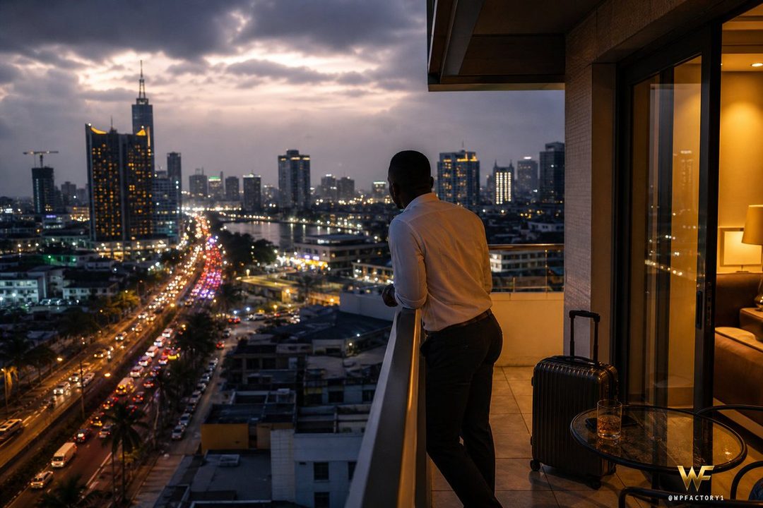 A man stands on a balcony overlooking a bustling city at night, with a suitcase and a drink nearby.