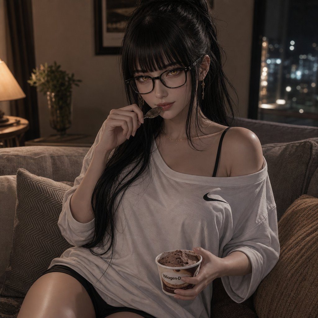 A young woman with long black hair, bangs, and glasses sits on a couch, eating ice cream and looking seductively at the camera.