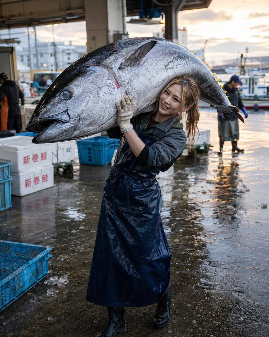 A smiling woman in a blue raincoat and gloves carries a large tuna on her shoulder at a fish market.