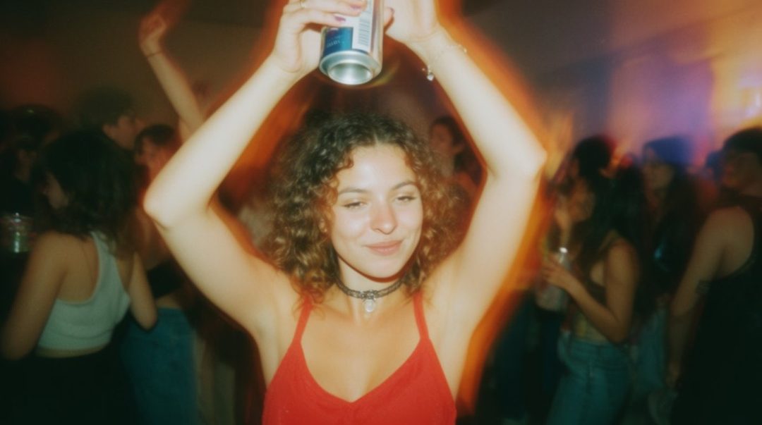 A young woman with curly brown hair dances at a party, holding a can above her head, wearing a red top and a choker necklace.