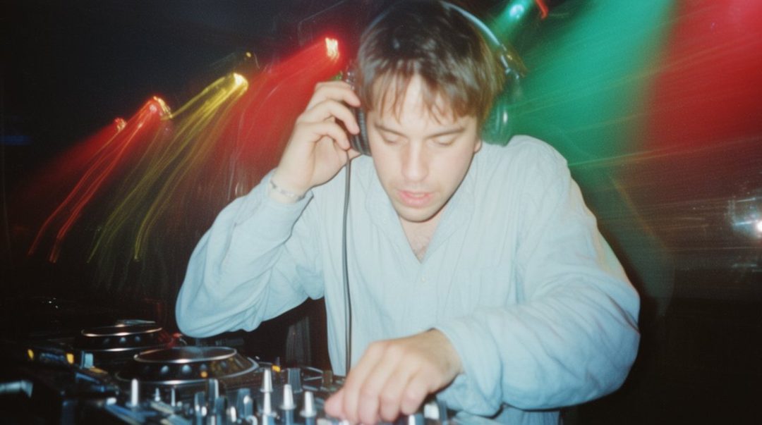 A man with headphones on, DJing at a club with colorful lights.