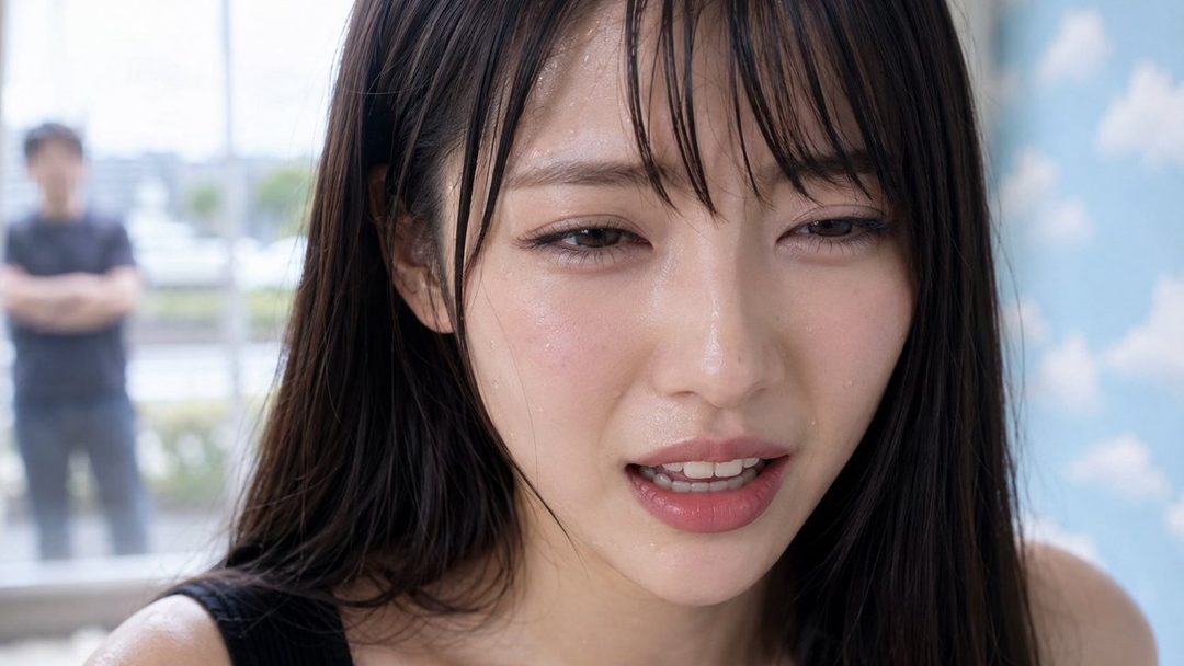 Close-up portrait of a young East Asian woman with wet hair and a playful expression, with a blurred male figure in the background.