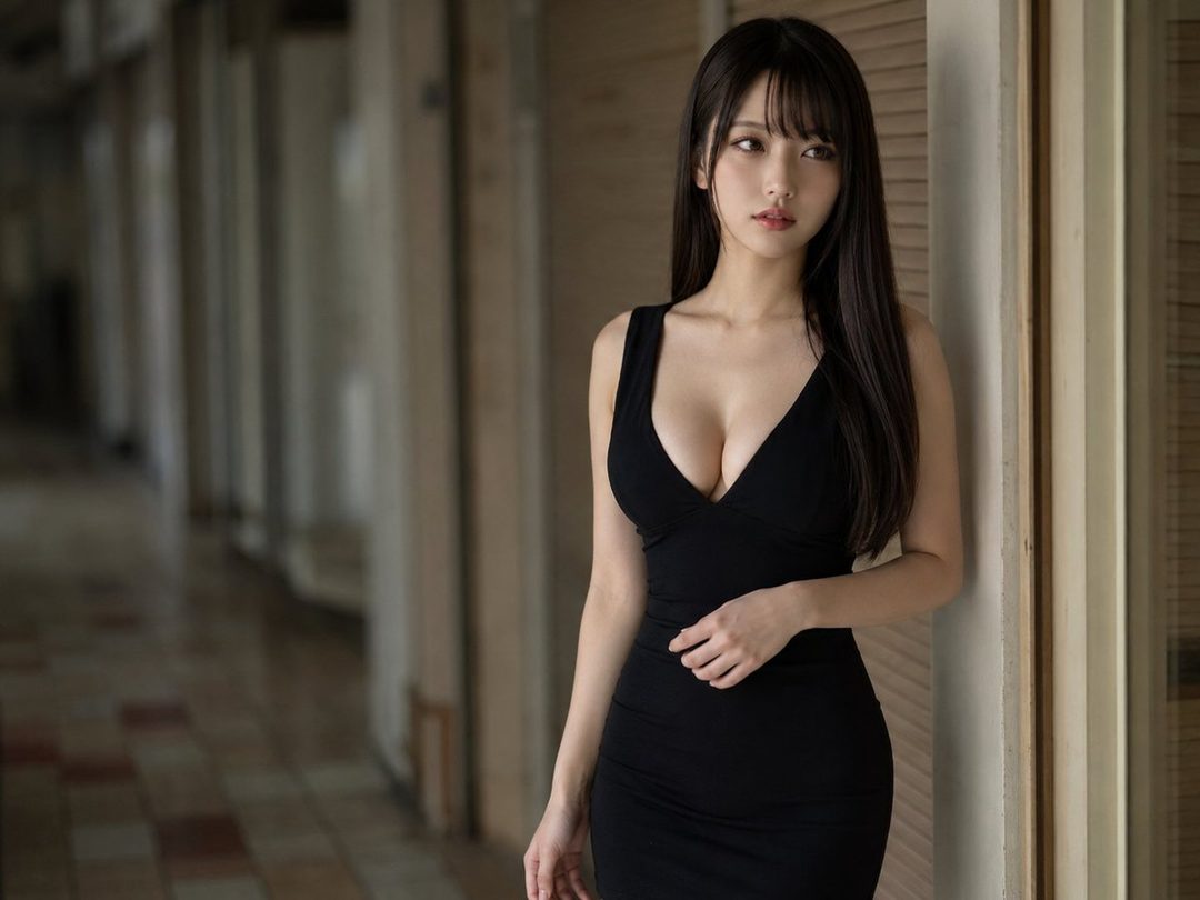 A young woman with long black hair and bangs, wearing a tight black dress, poses indoors.