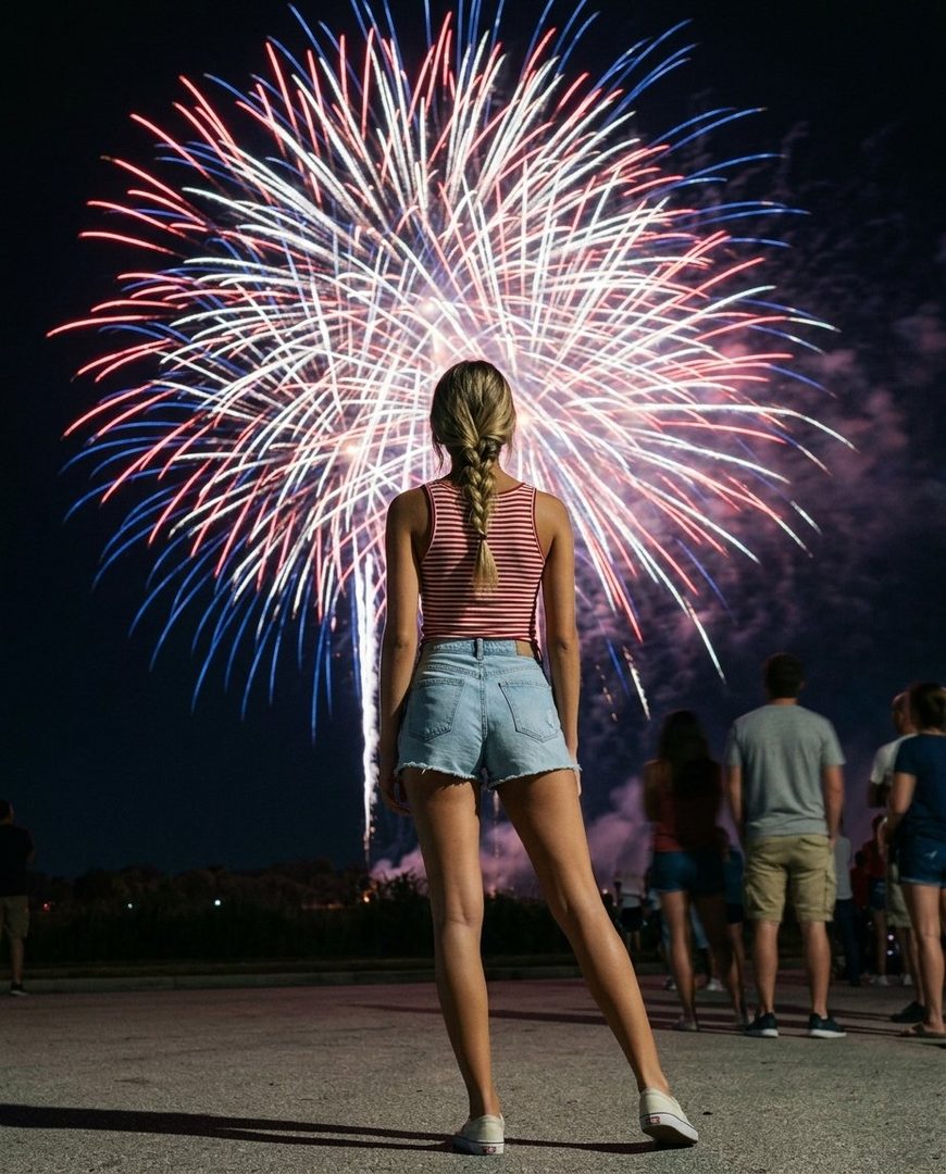 A young woman with blonde hair in a braid, wearing a red and white striped tank top and denim shorts, watches fireworks.