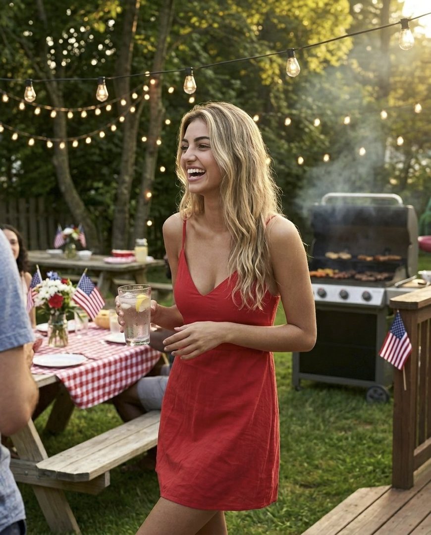 A young woman in a red dress laughs while holding a drink at an outdoor barbecue party with American flags and string lights.