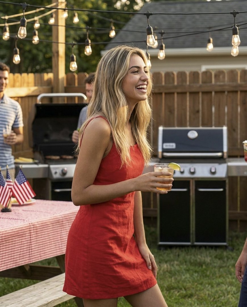 A young woman in a red dress smiles while holding a drink at an outdoor barbecue.