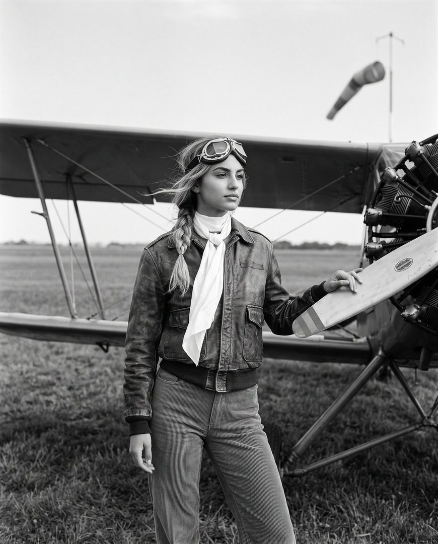 A young woman dressed as a vintage pilot stands next to a biplane, wearing a leather jacket, goggles, and a white scarf.