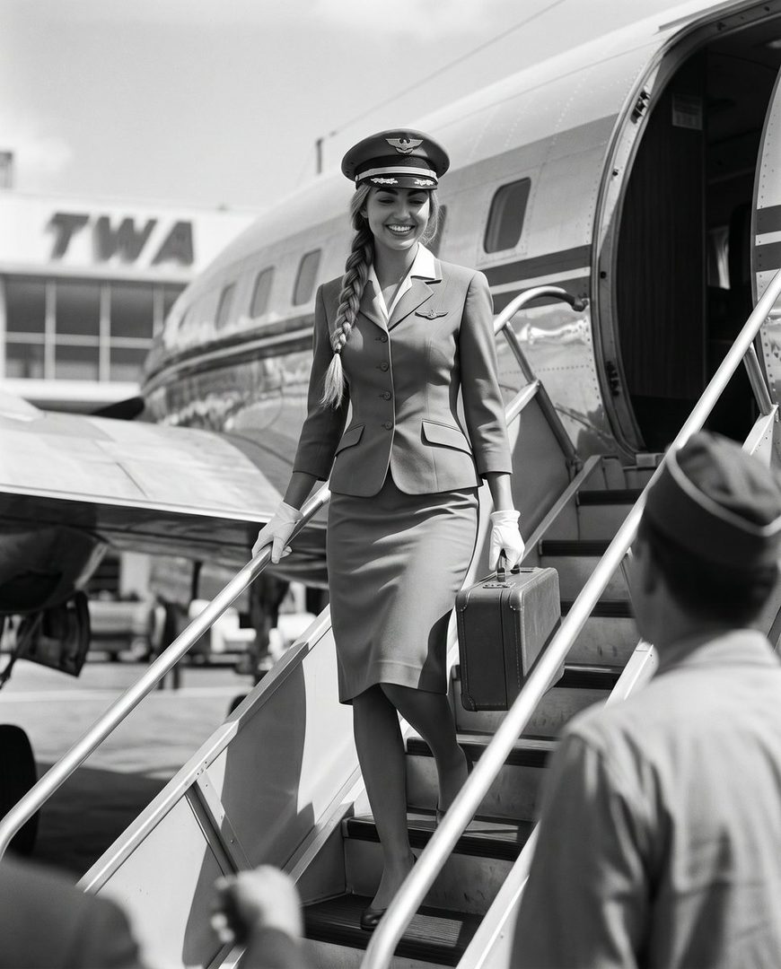 A smiling flight attendant in a TWA uniform walks down airplane stairs, holding a suitcase.