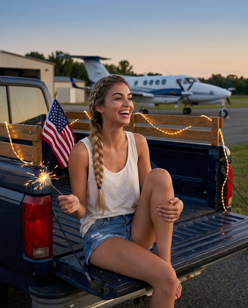 A young woman with blonde braided hair, wearing a white tank top and denim shorts, sits in the back of a pickup truck holding a sparkler, with an American flag and a small airplane in the background.