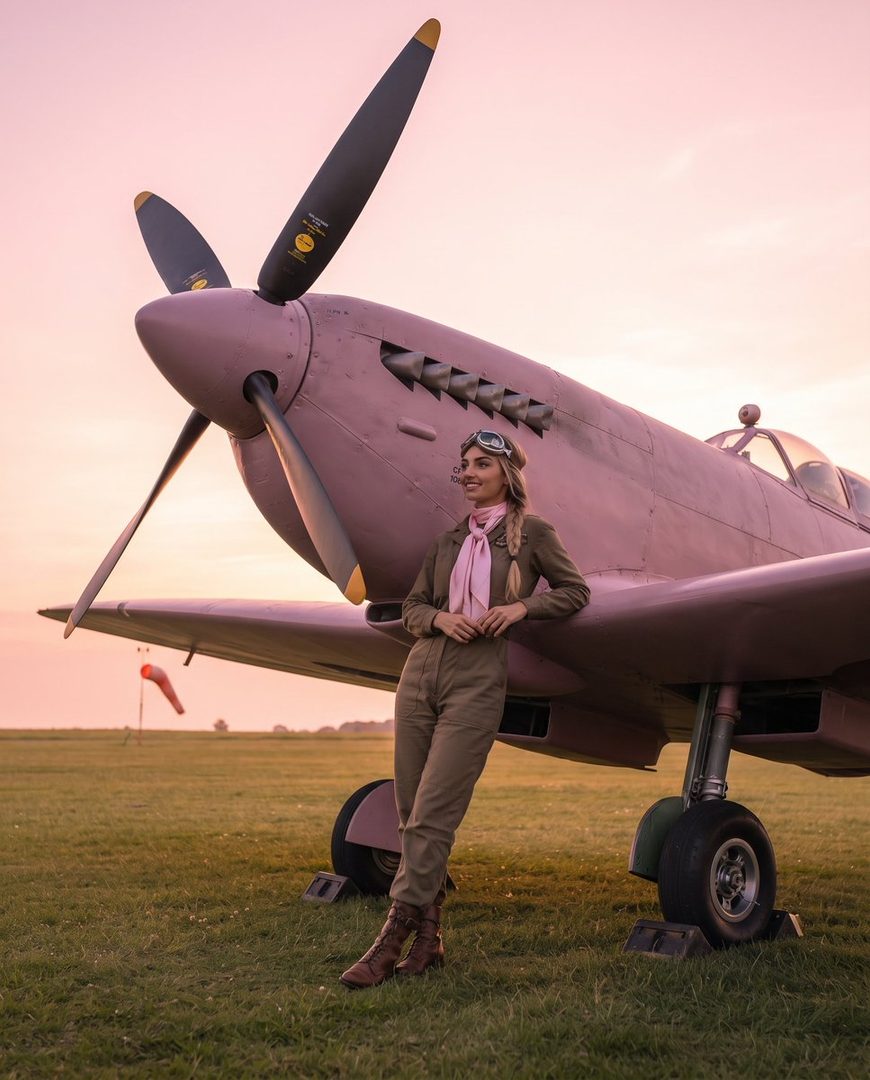 A woman in a pilot's outfit poses next to a pink Spitfire airplane at sunset.