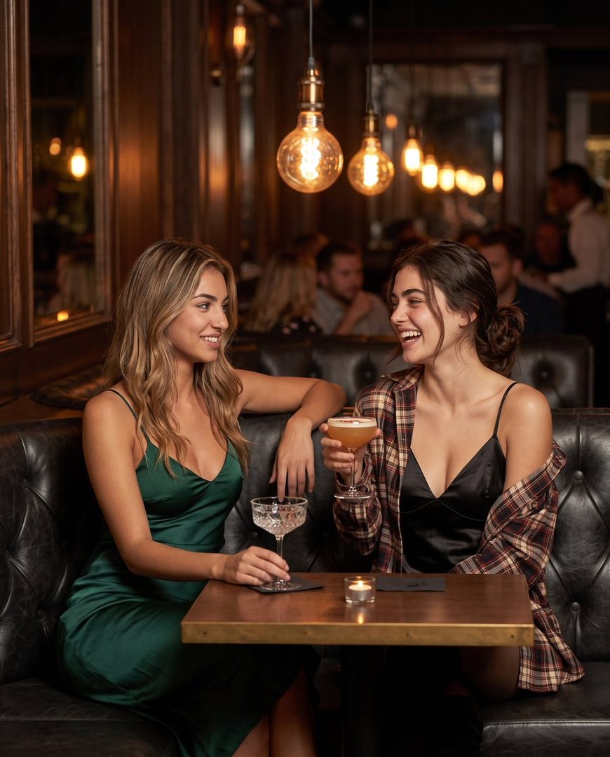 Two young women in elegant dresses sit at a table in a dimly lit bar, holding cocktails and smiling at each other.