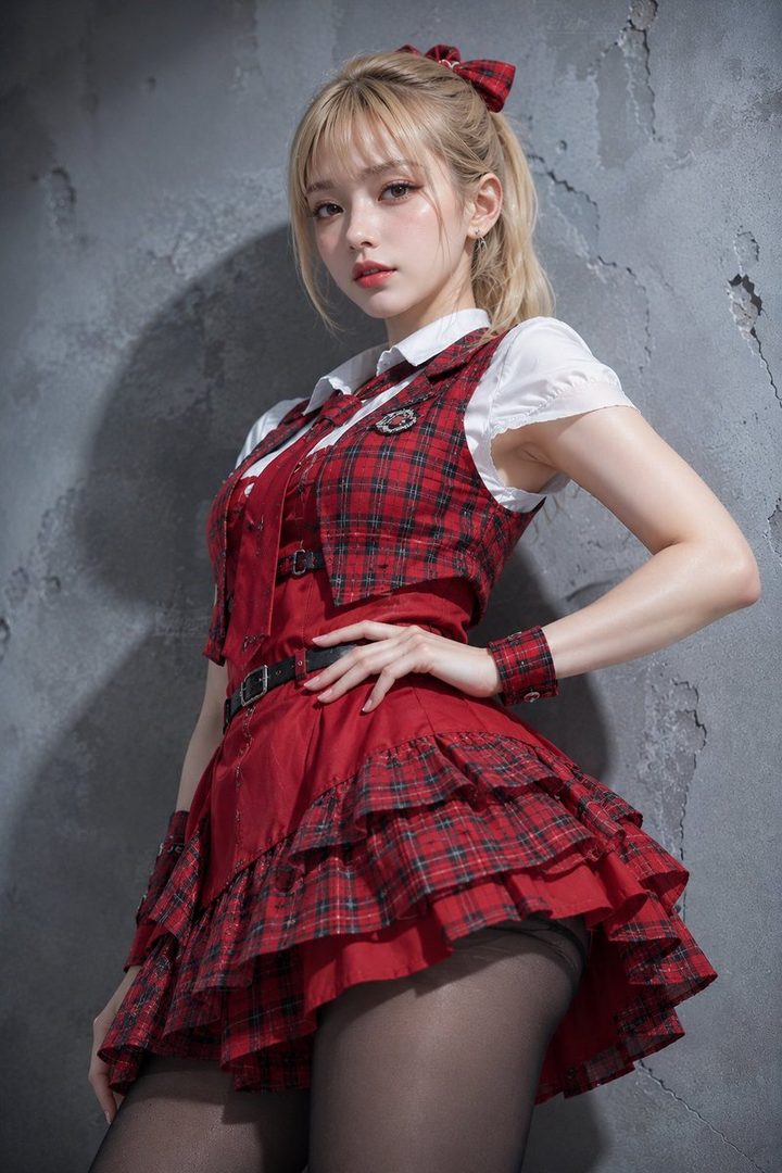 A young woman with blonde hair tied in a ponytail, wearing a red plaid schoolgirl-style outfit, poses against a textured gray wall.