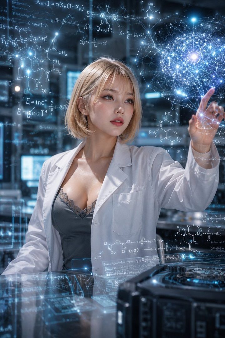 A young woman with short blonde hair, wearing a lab coat over a lacy camisole, interacts with a holographic display of scientific formulas and a neural network in a futuristic laboratory setting.