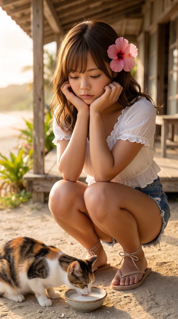 A young woman with long brown hair and a pink hibiscus flower in her hair, wearing a white ruffled top and denim shorts, crouches on a sandy beach next to a cat drinking milk.