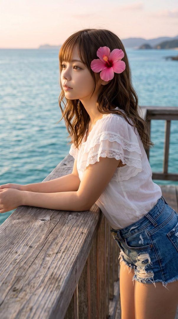 A young woman with a pink hibiscus flower in her brown hair, wearing a white lace-trimmed top and denim shorts, leans on a wooden railing by the sea at sunset.