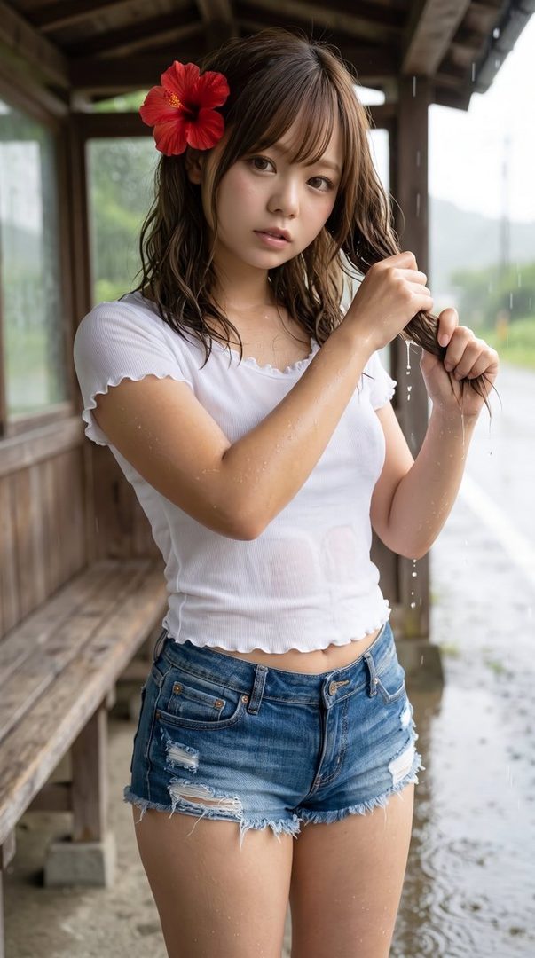 A young woman with a hibiscus flower in her hair, wearing a white t-shirt and denim shorts, stands outdoors in the rain.
