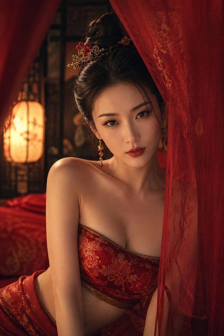 A beautiful East Asian woman in traditional Chinese attire, with her hair styled up and adorned with golden accessories, poses elegantly in a dimly lit room with red drapery.