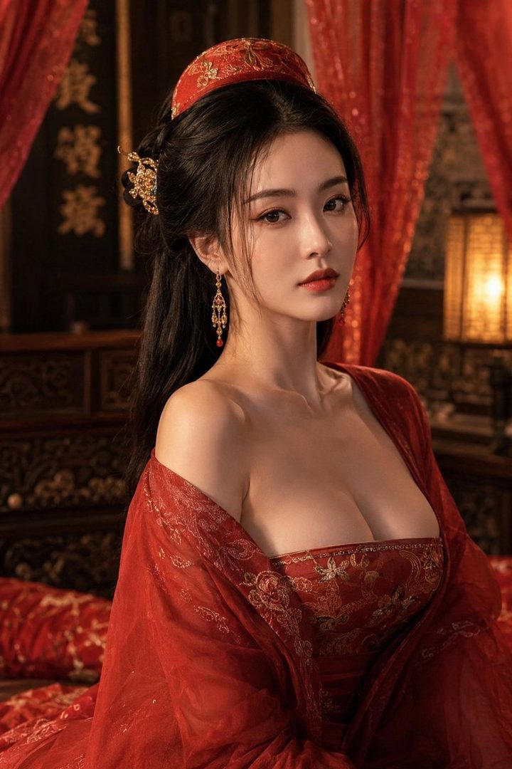 A beautiful East Asian woman in a traditional red dress, posing elegantly indoors.