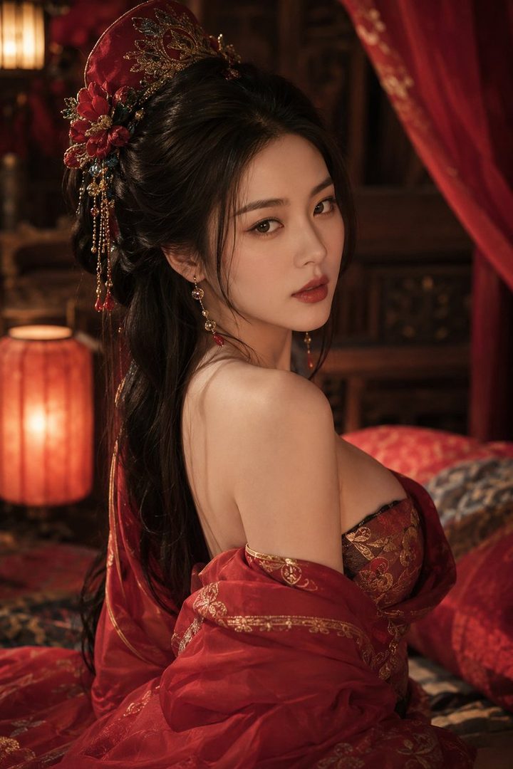 A beautiful East Asian woman in traditional red attire, with elaborate hair ornaments, poses suggestively in a dimly lit room with a red lantern.
