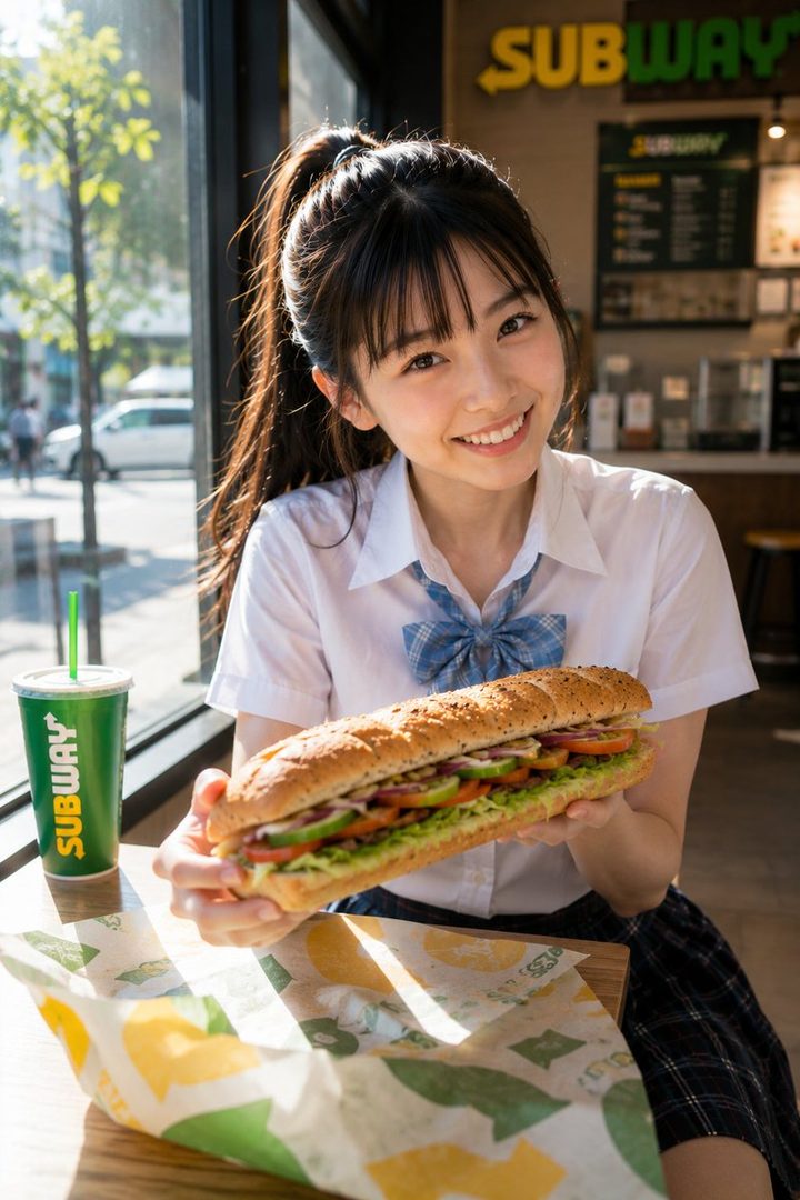 A young woman in a school uniform smiles while holding a large Subway sandwich and a drink.