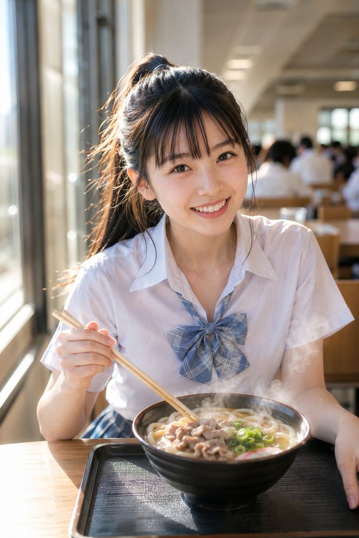 A young East Asian woman in a school uniform smiles while eating a bowl of udon noodles.