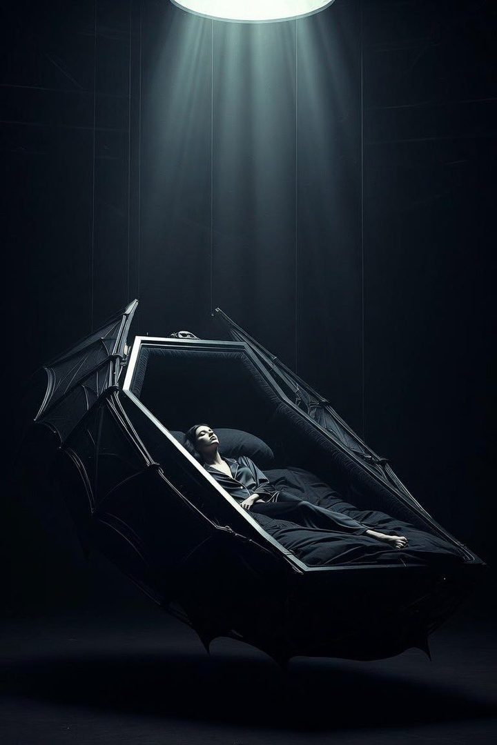 A woman in dark pajamas lies in a coffin-shaped bed with bat wings, illuminated by a spotlight from above.